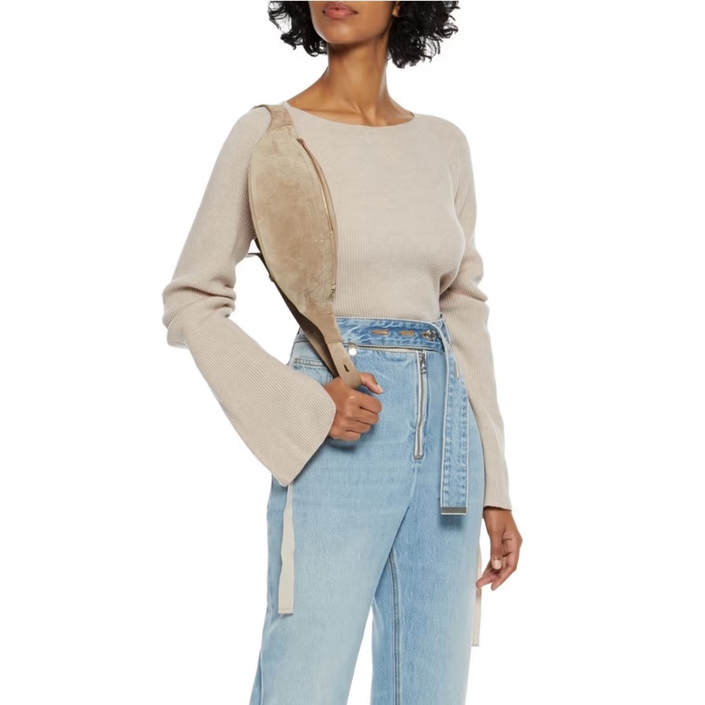 HELMUT LANG Tie Sleeve Ribbed Wool Cream Pullover Sweater with Cashmere Small